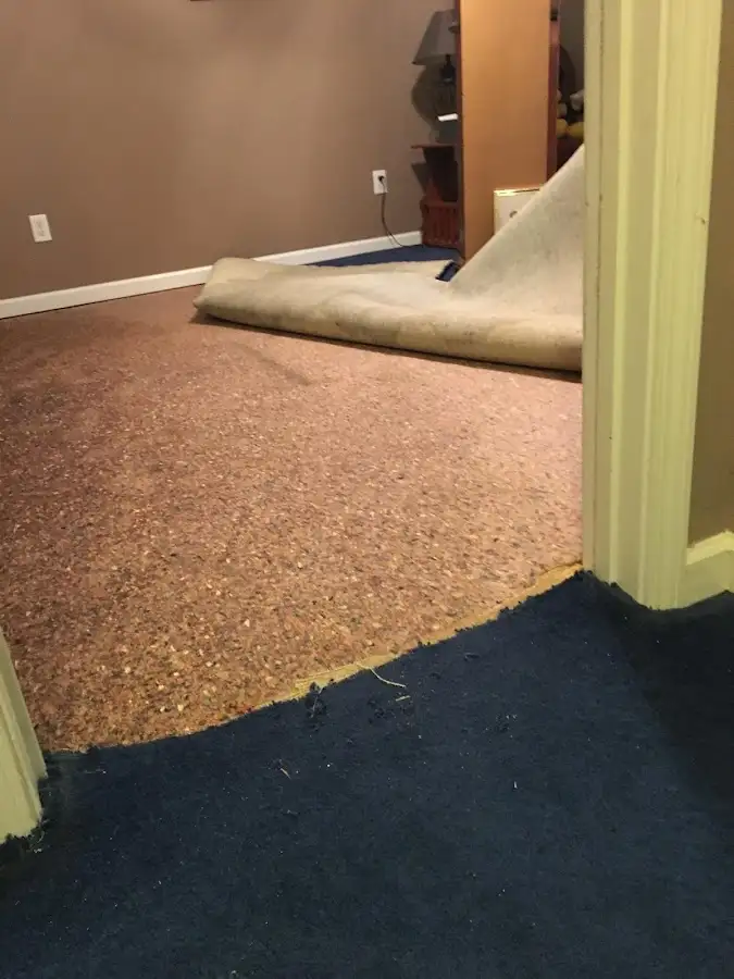 Carpet pad removal revealing water damage during Drying & Dehumidification in Cherryville